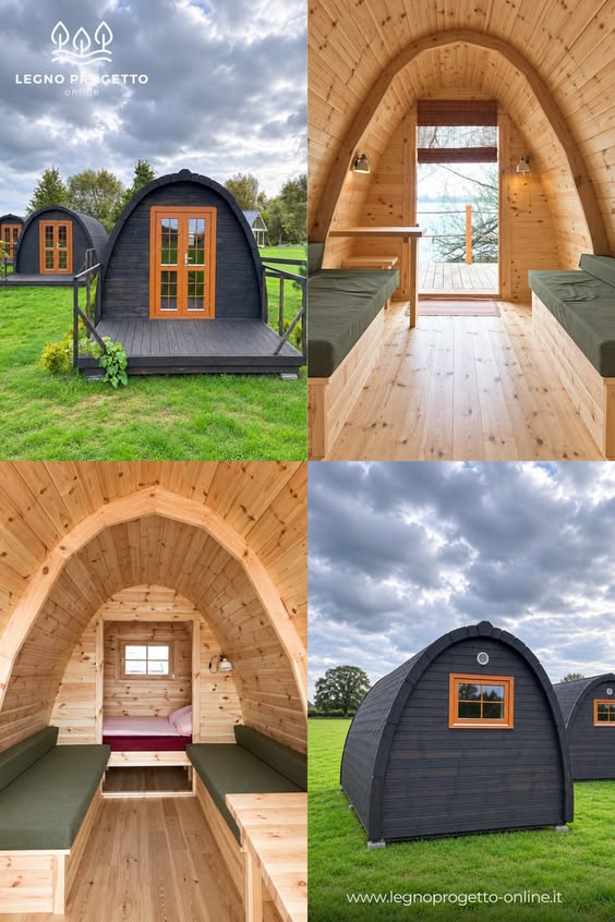 Bungalow POD in legno con interni arredati, ideale per glamping, campeggi e strutture ricettive