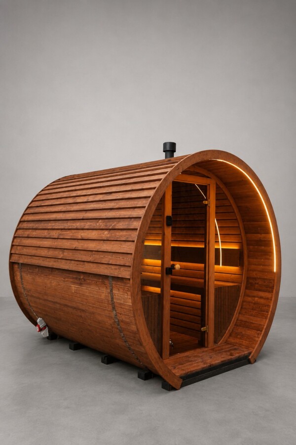 Sauna a botte da esterno in termolegno personalizzabile