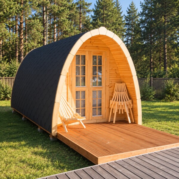 Bungalow POD in legno con veranda Bungalow POD in legno con veranda coperta per campeggi e glamping