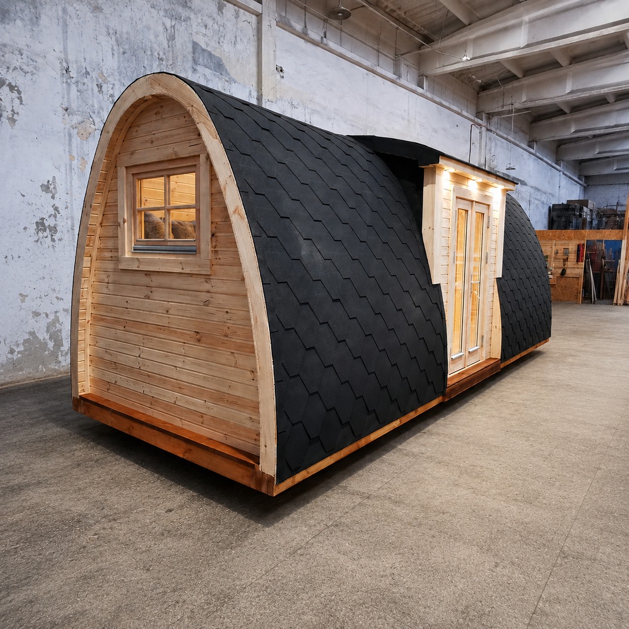 Bungalow in legno ovale coibentato con ingresso laterale per glamping