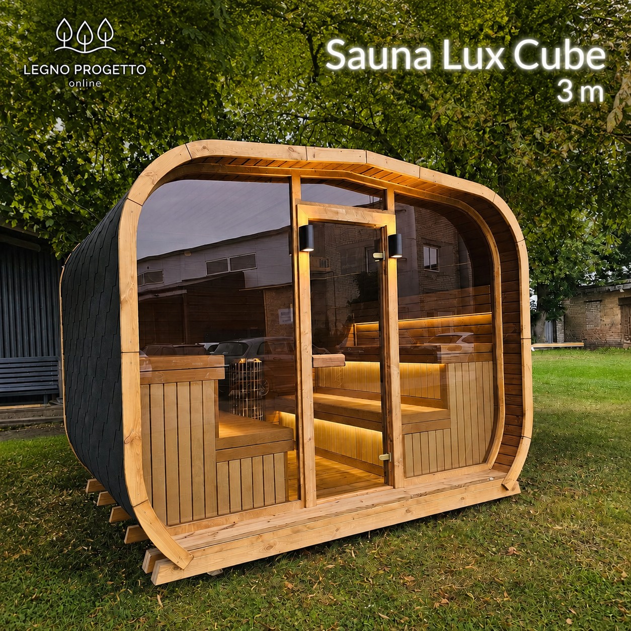 Sauna Lux Cube da 3 metri con vetrata panoramica e illuminazione LED