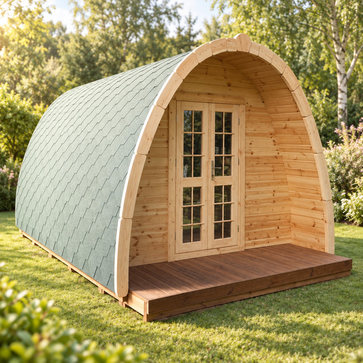POD Bungalow in legno con spazio interno per bagno privato e letto matrimoniale, ideale per glamping, agriturismi e strutture ricettive.