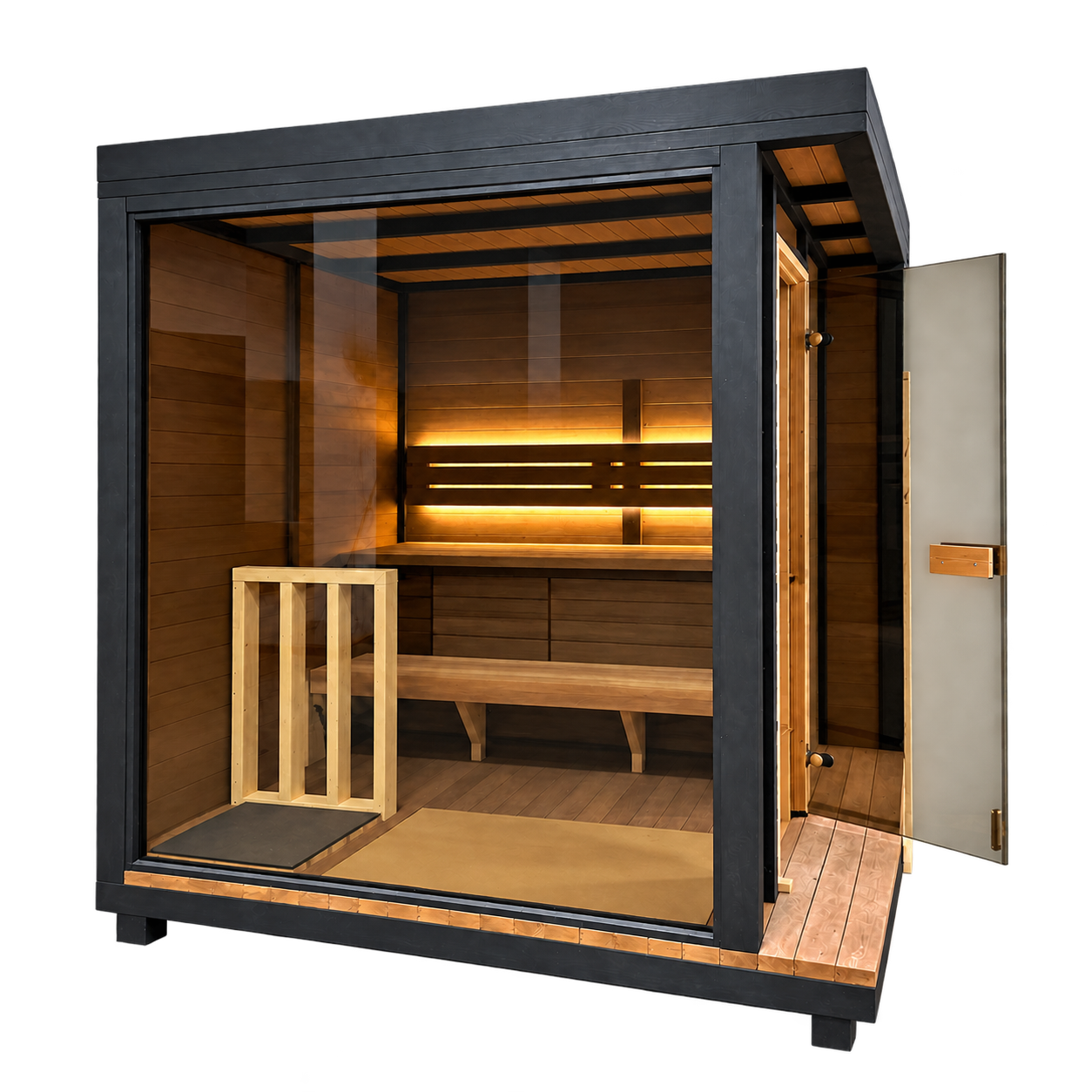 Sauna da giardino moderna con vetrata panoramica, struttura nera e panche in legno illuminate