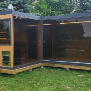 Sauna modulare da esterno in legno con spogliatoio