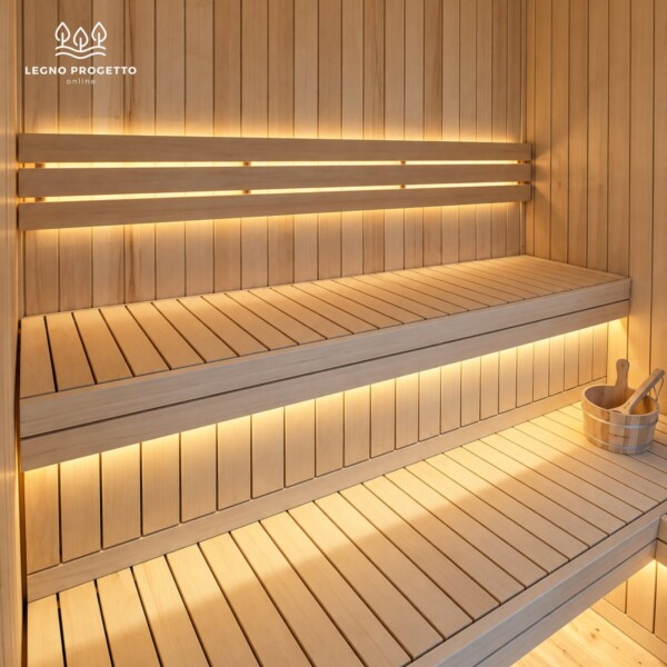 Interno della sauna finlandese FRAME con panche in legno e illuminazione LED