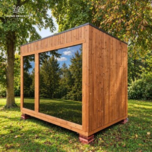 Sauna finlandese FRAME da esterno in legno con ampia vetrata panoramica nel giardino