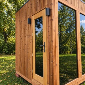 Angolo della sauna FRAME da esterno con porta in vetro e rivestimento in legno