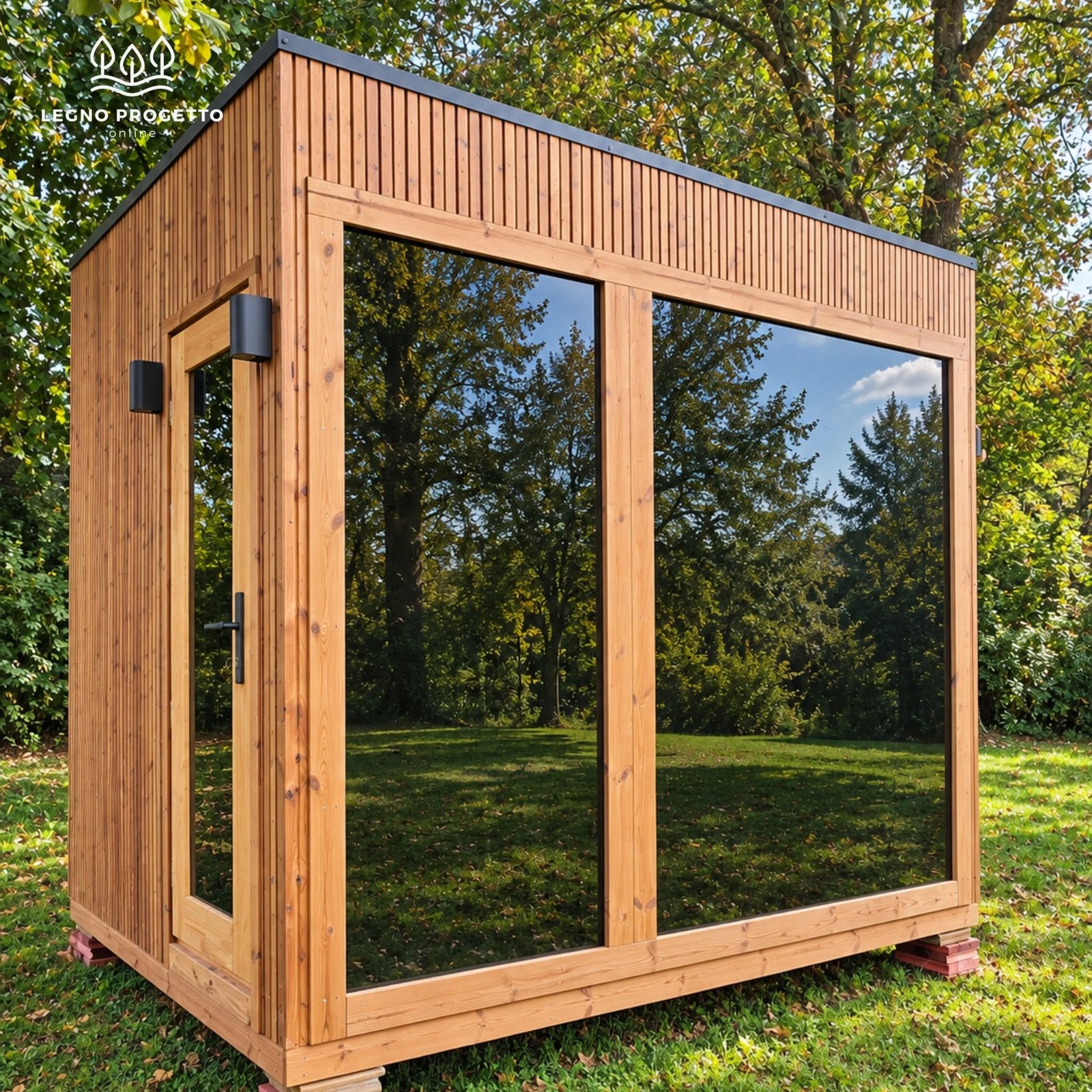Vista frontale della sauna finlandese FRAME in legno con grande vetrata panoramica