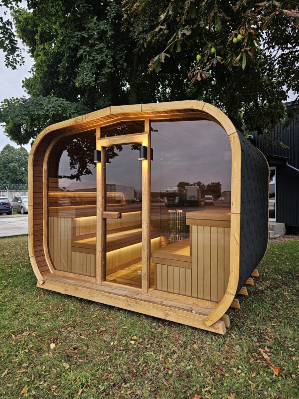 Sauna in legno Lux Cube con panche e illuminazione LED interna