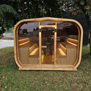 Sauna Lux Cube da 3 metri con facciata panoramica in vetro