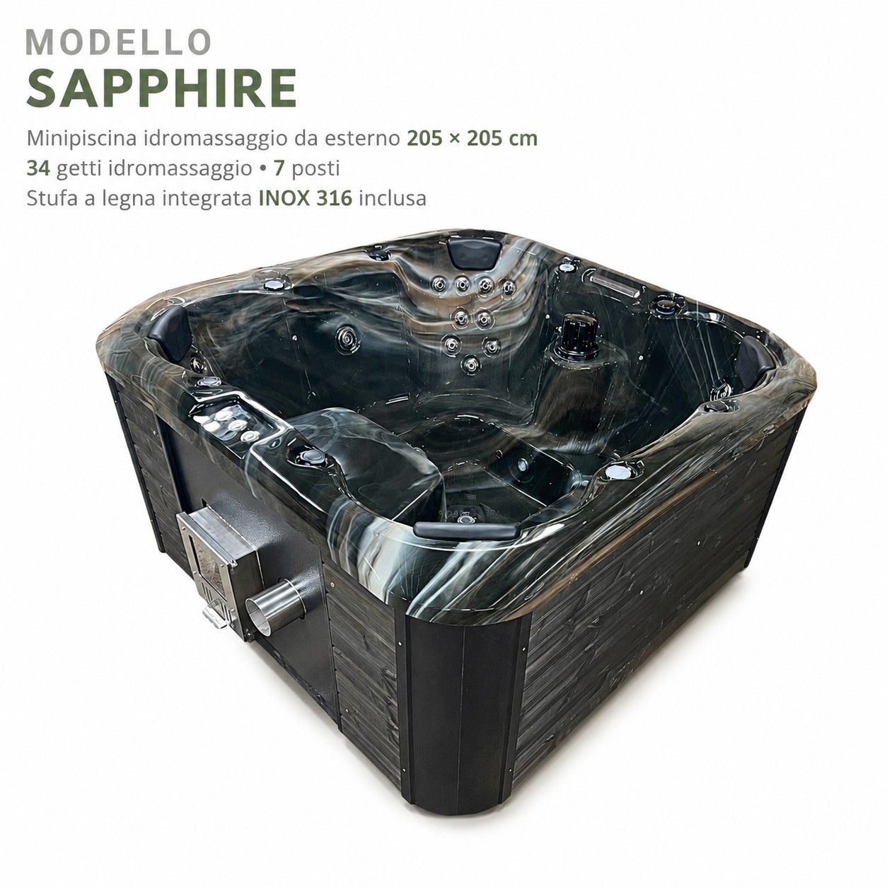 Minipiscina idromassaggio da esterno SAPPHIRE 205×205 cm con stufa a legna integrata INOX 316