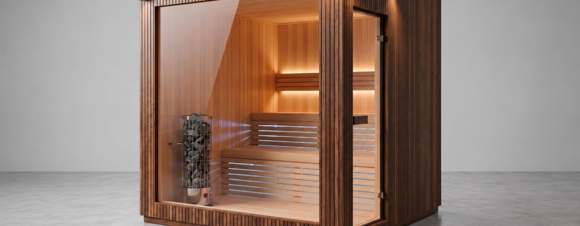 Sauna isolata moderna da esterno in legno con vetrata panoramica