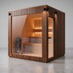 Sauna isolata moderna da esterno in legno con vetrata panoramica