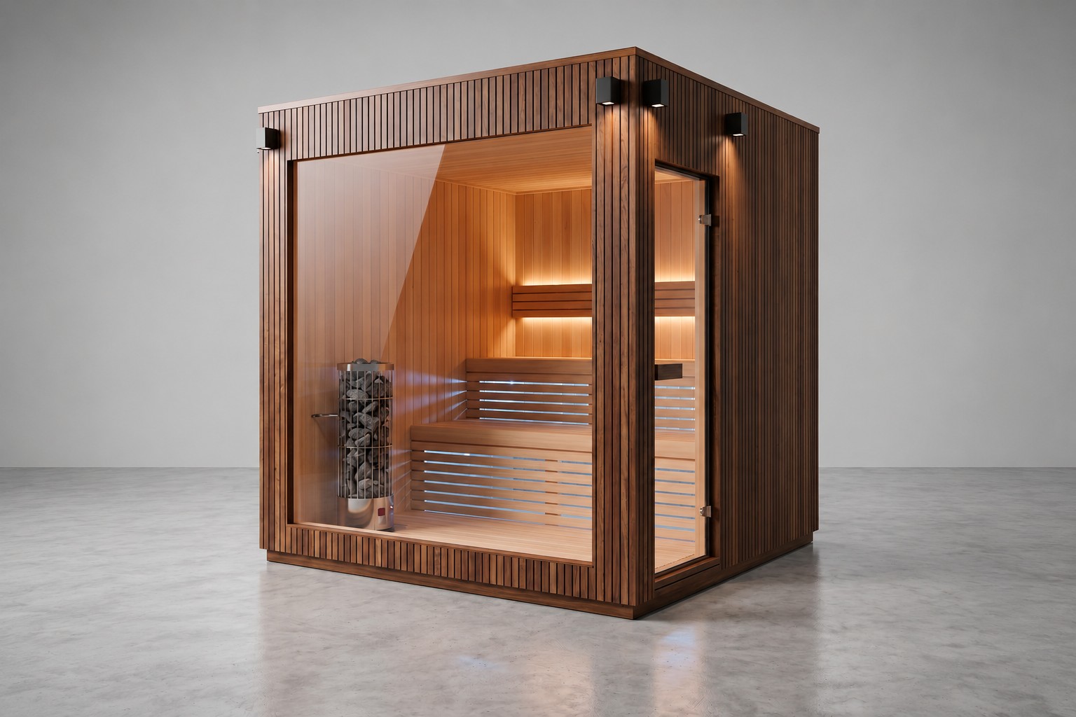 Sauna isolata moderna da esterno in legno con vetrata panoramica