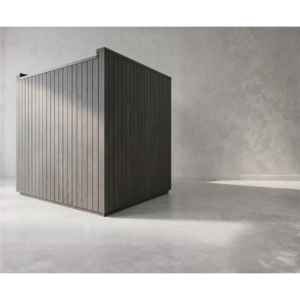 Vista posteriore della sauna FRAME Lux Premium 235 con rivestimento verticale in legno scuro