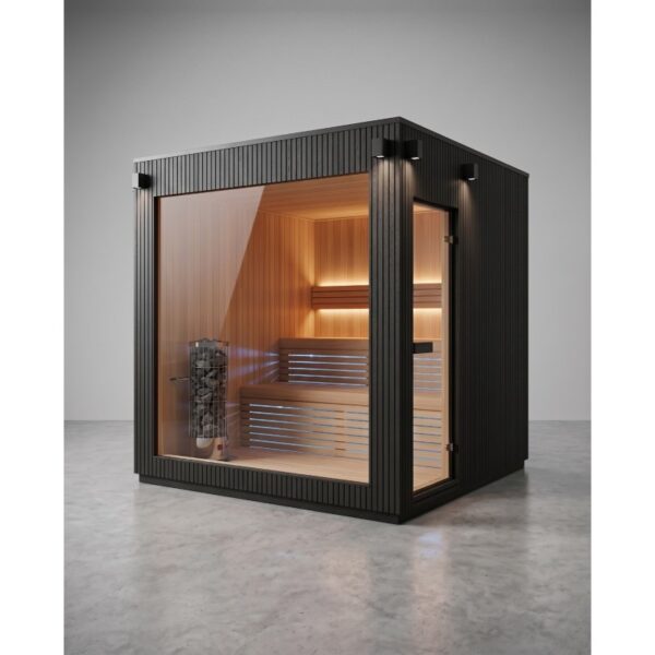 Sauna FRAME Lux Premium 235 con luci esterne e illuminazione LED dietro lo schienale