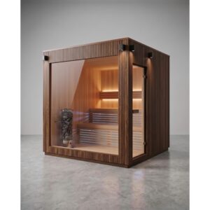 Sauna FRAME Lux Premium 235 con rivestimento esterno marrone, vetrata panoramica e luci accese