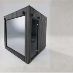 Vista angolare della sauna FRAME Lux Premium 235 con vetrata frontale, porta laterale e lampade esterne
