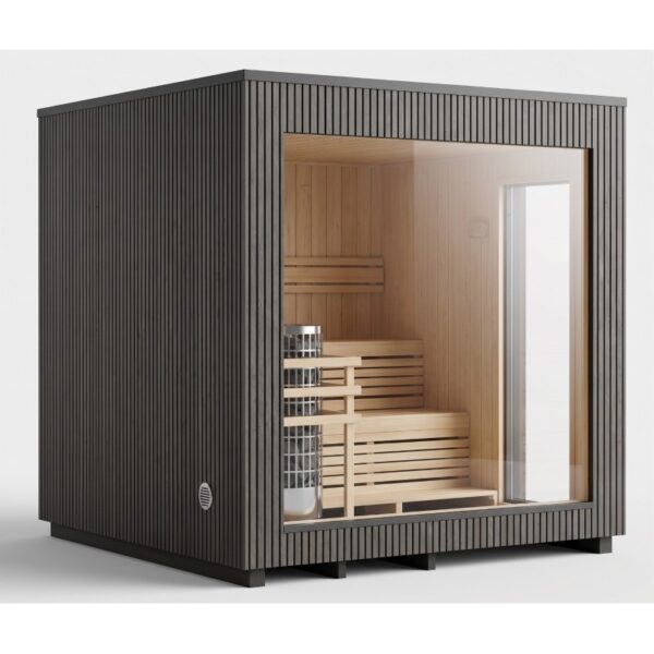 Sauna FRAME Lux Premium 235 con rivestimento scuro, grande vetrata frontale e porta laterale